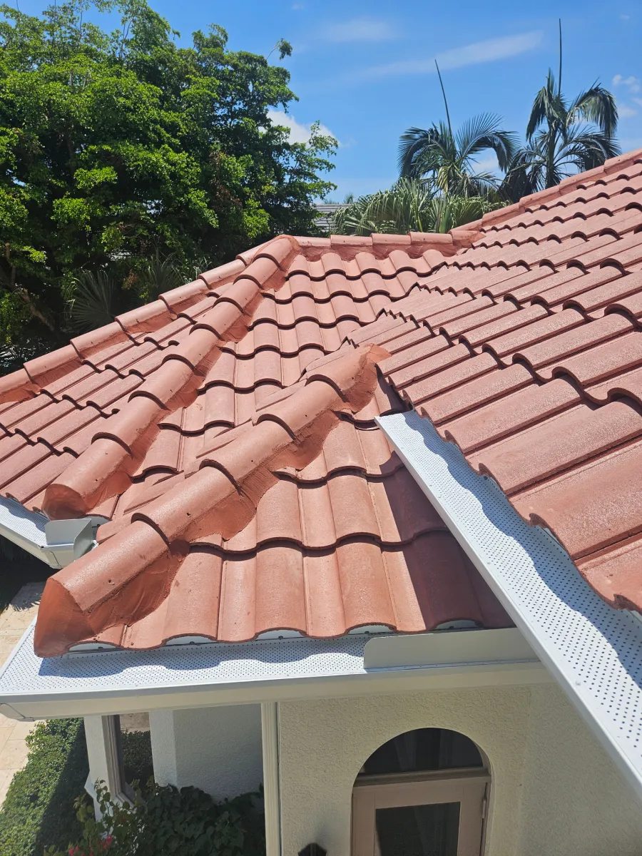 Red clay tile roof with blue ridge flashing on a house, seen against palm trees and clear sky
