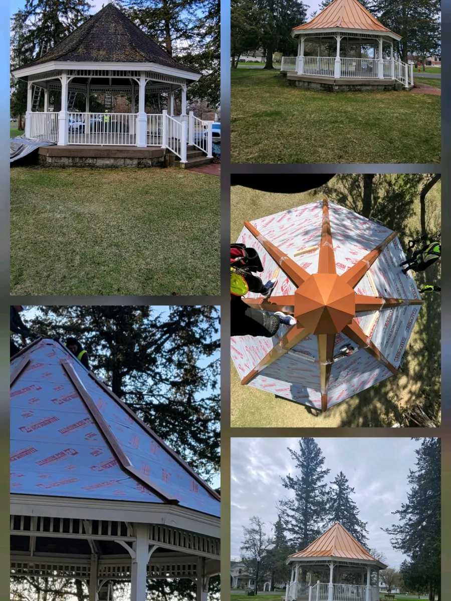 Collage of a gazebo in a park, showing white railings, a blue roof, and an orange ceiling star detail