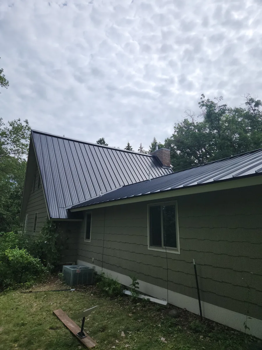 Side view of a house with dark metal roof and light green siding under a cloudy sky, surrounded by trees