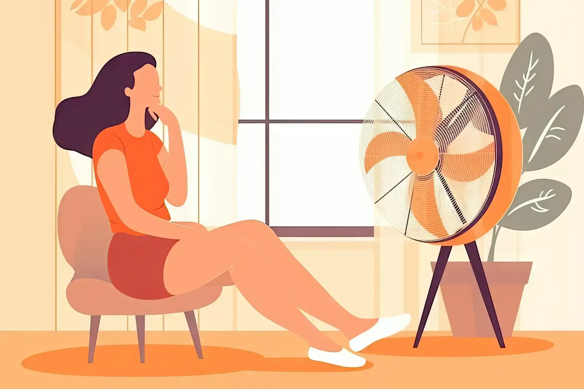 Woman relaxing in a chair by a window, facing a large fan in a warm, orange-toned room.