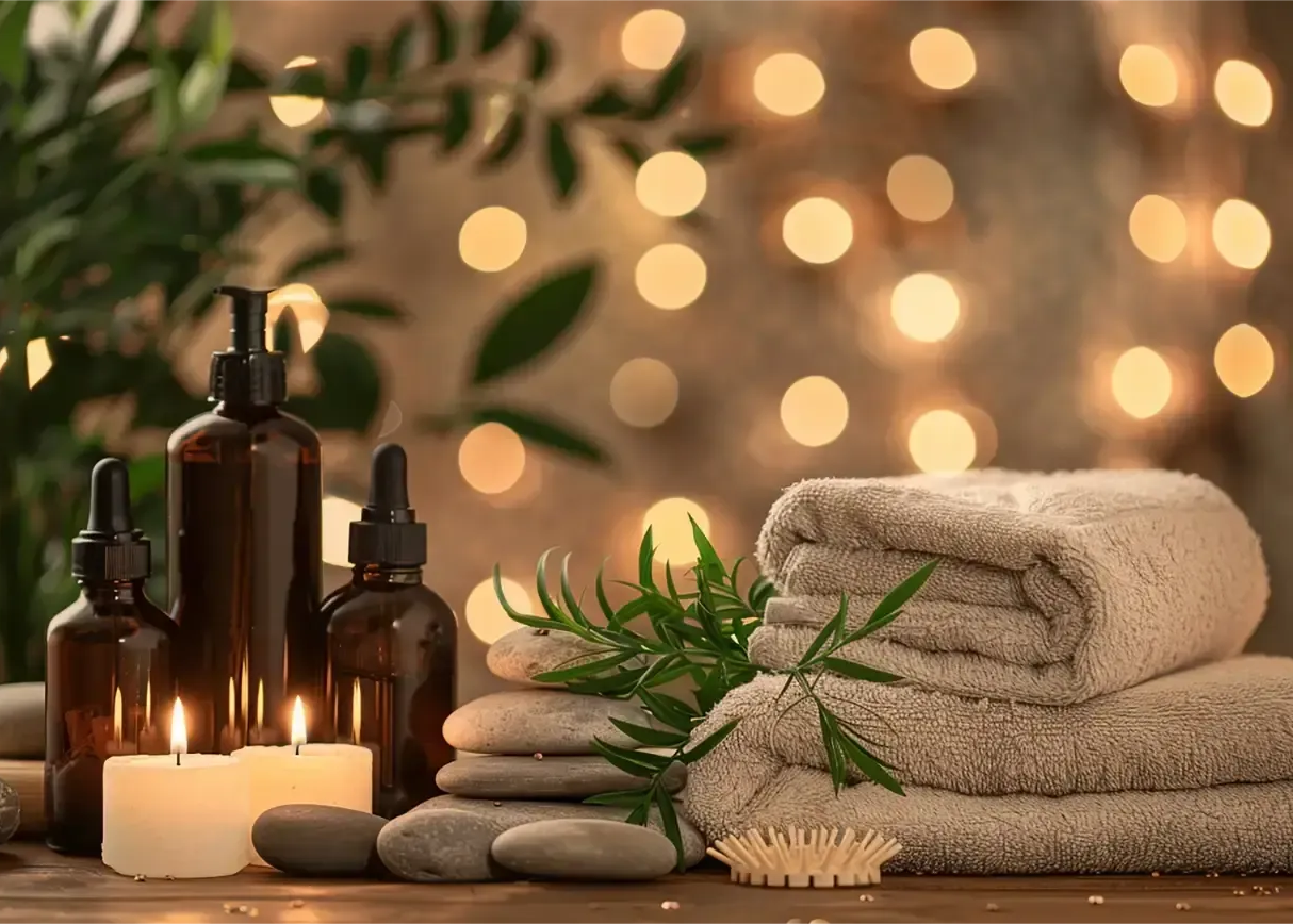 Spa setup with amber bottles, candles, stacked towels, stones, and greenery on a wooden table.