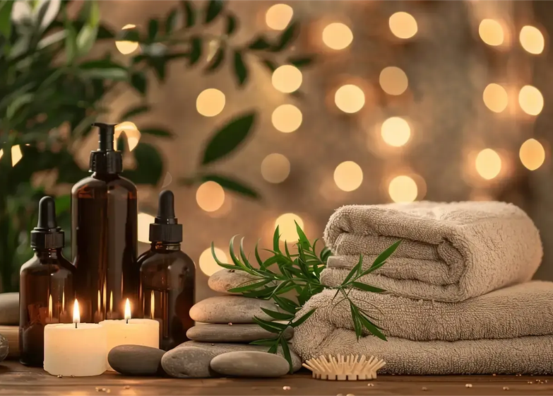 Spa setup with amber bottles, candles, stacked towels, stones, and greenery on a wooden table.