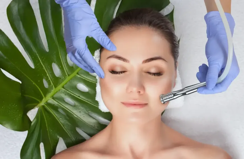 Woman receiving facial treatment with gloved hands and a metal tool beside a green leaf in a spa setting