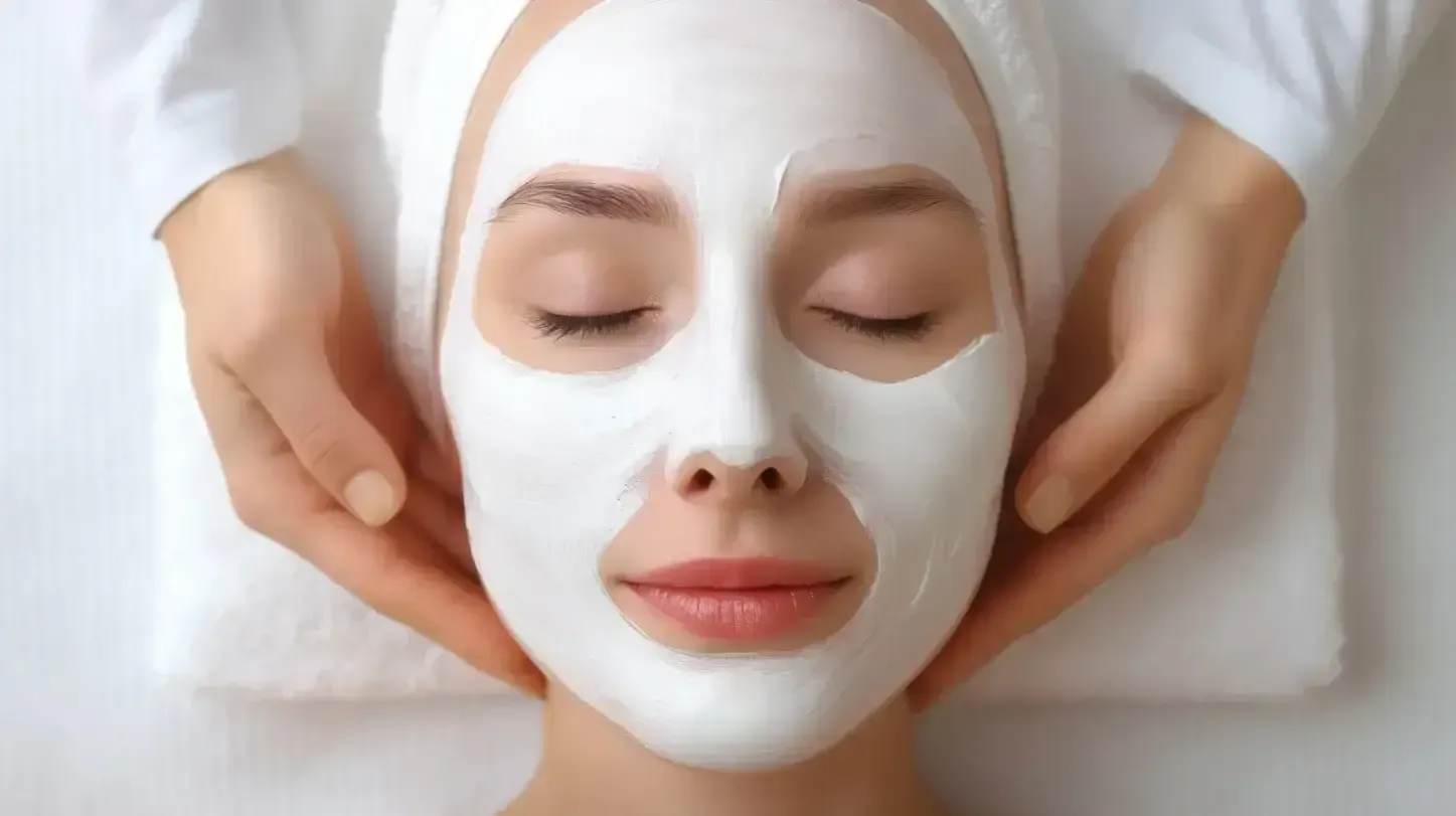 Person with white facial mask receiving a spa treatment with hands gently framing the face