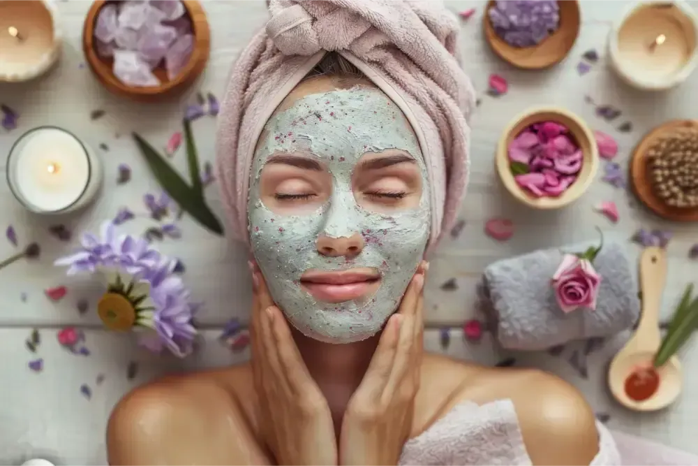 Woman with a mint face mask, eyes closed, surrounded by spa items and flowers on a towel