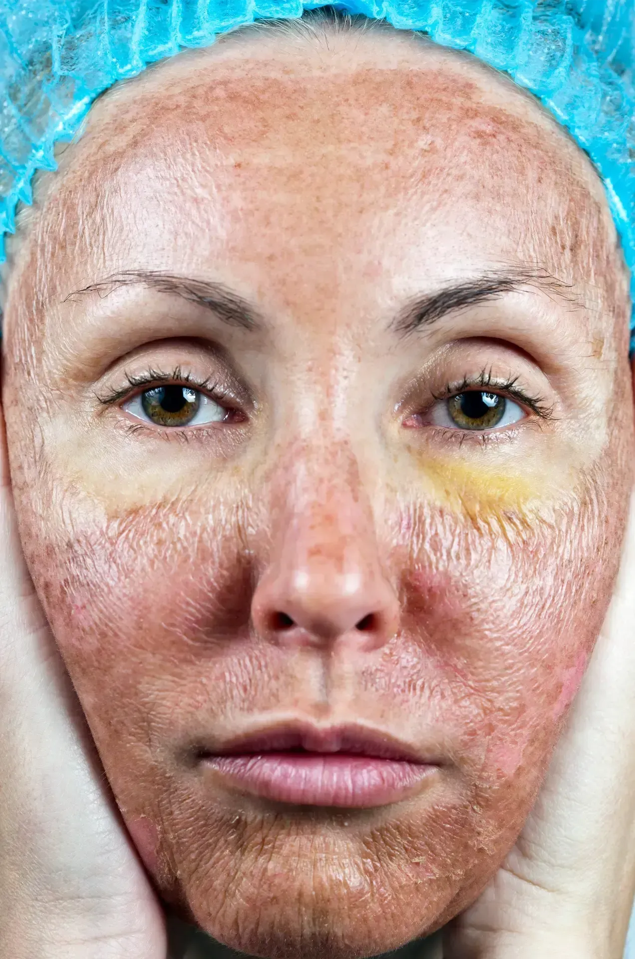 Close-up of a face with a translucent skincare mask under a blue hair cap