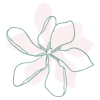 Minimal line-art flower in pale green and pink on a white background