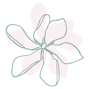 Minimal line-art flower in pale green and pink on a white background