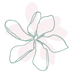 Minimal line-art flower in pale green and pink on a white background