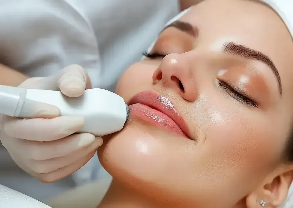 Cosmetic facial treatment with handheld device on a relaxed client