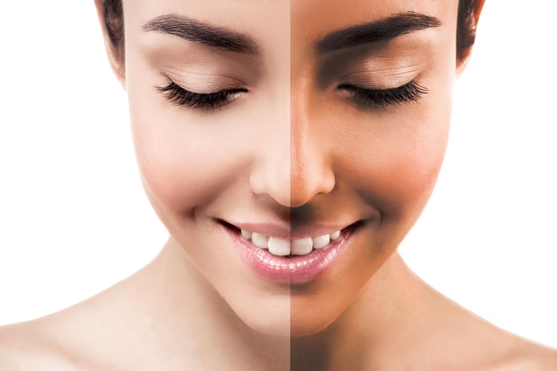 Split-face portrait of a smiling woman showing lighter and darker skin tones