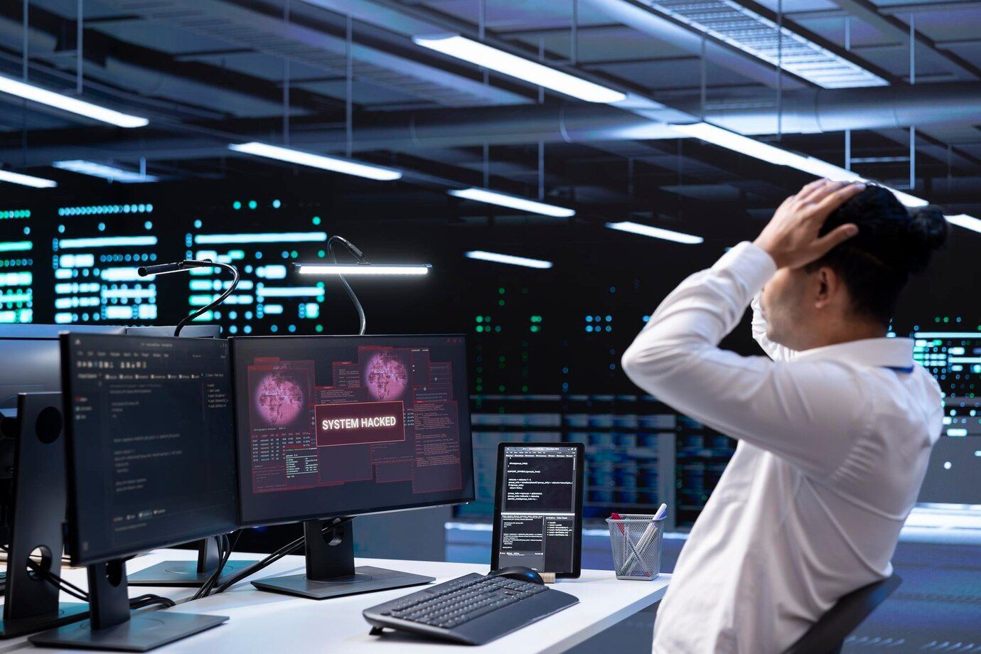 Um homem está sentado em uma mesa em frente a três monitores de computador hackeados