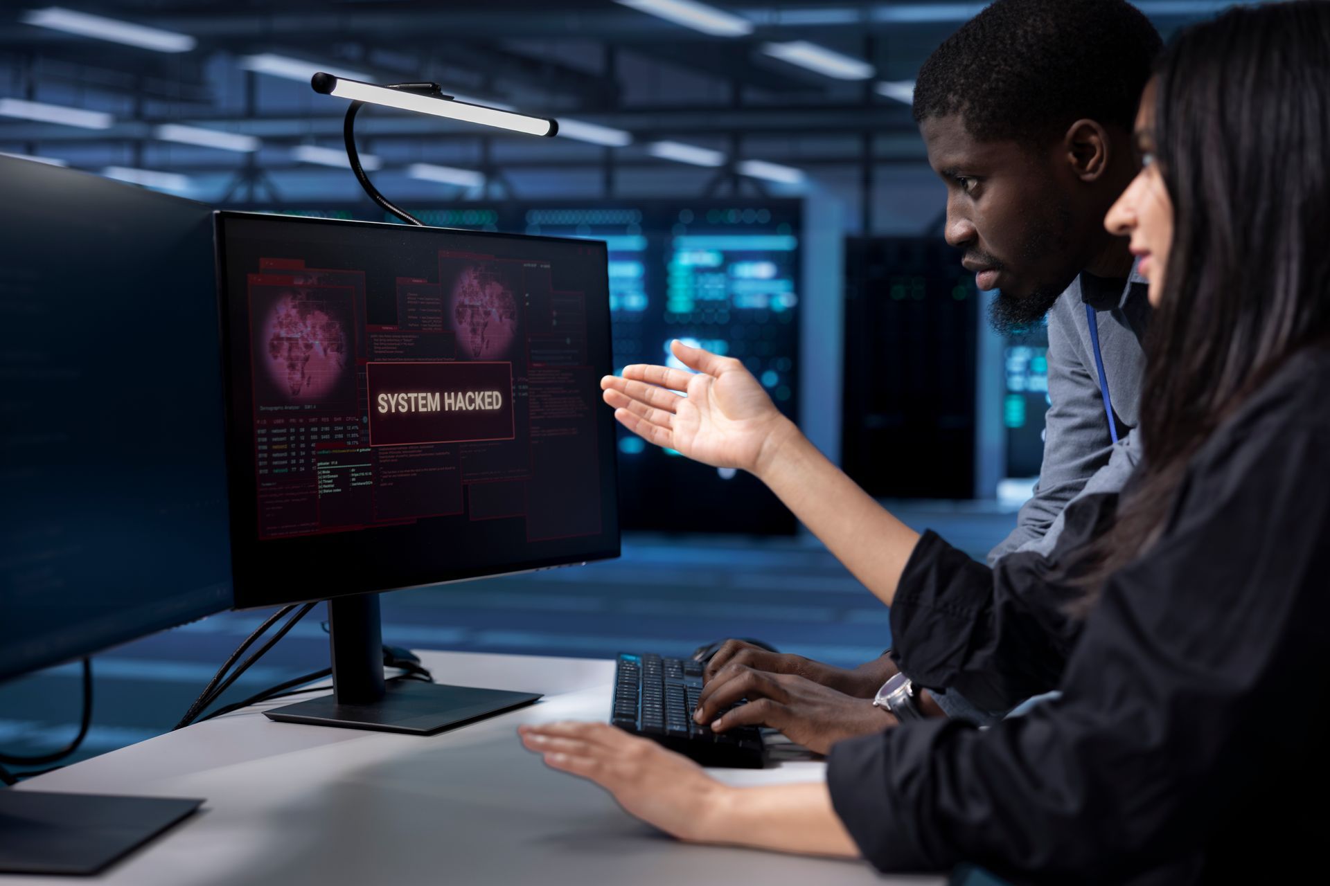 Um homem e uma mulher olhando para o monitor onde diz que o sistema foi hackeado