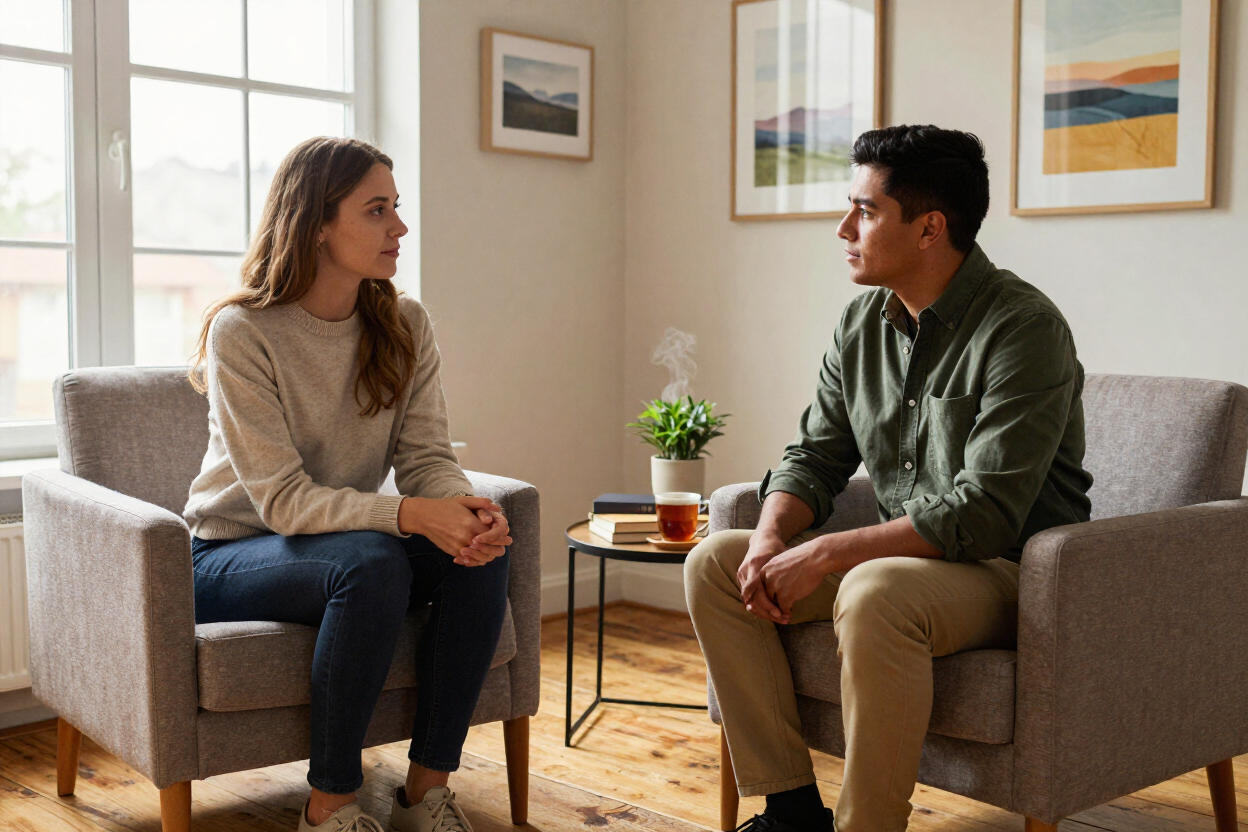 Two people in a warm, trusting conversation