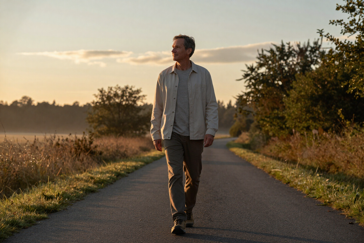 Person walking outdoors at sunrise, symbolizing gradual renewal