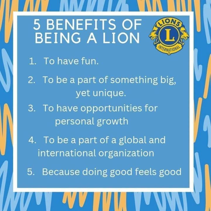 Infographic listing 5 benefits of joining Lions Club, on a blue and white background with the Lions Club logo.