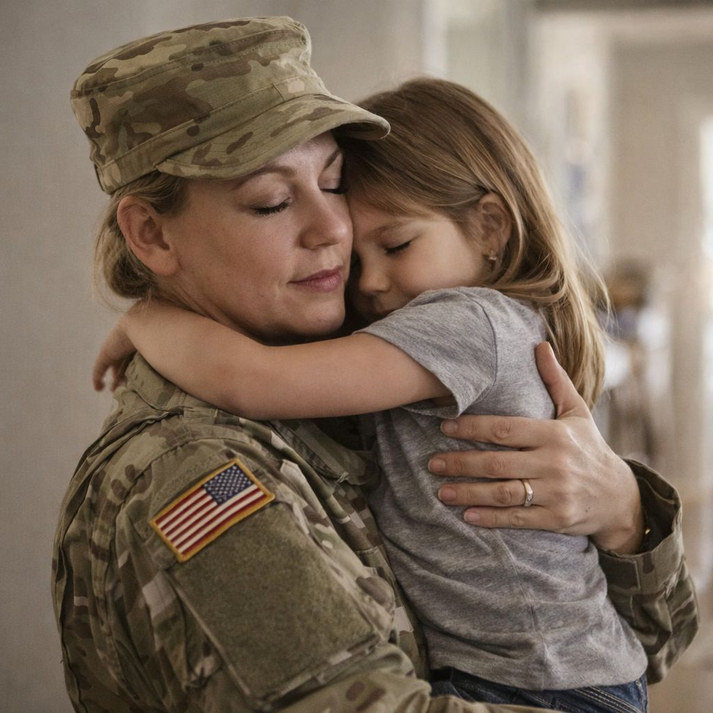 Soldier in camouflage embraces a child indoors, both with eyes closed in a tender hug.