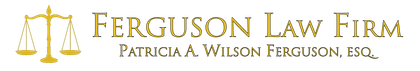 The logo for the ferguson law firm has a scale of justice on it
