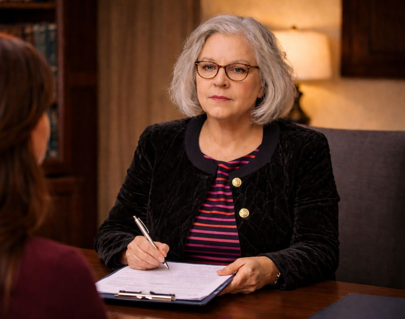 Woman taking notes at a table during an interview, with a notebook and pen in a warm indoor setting