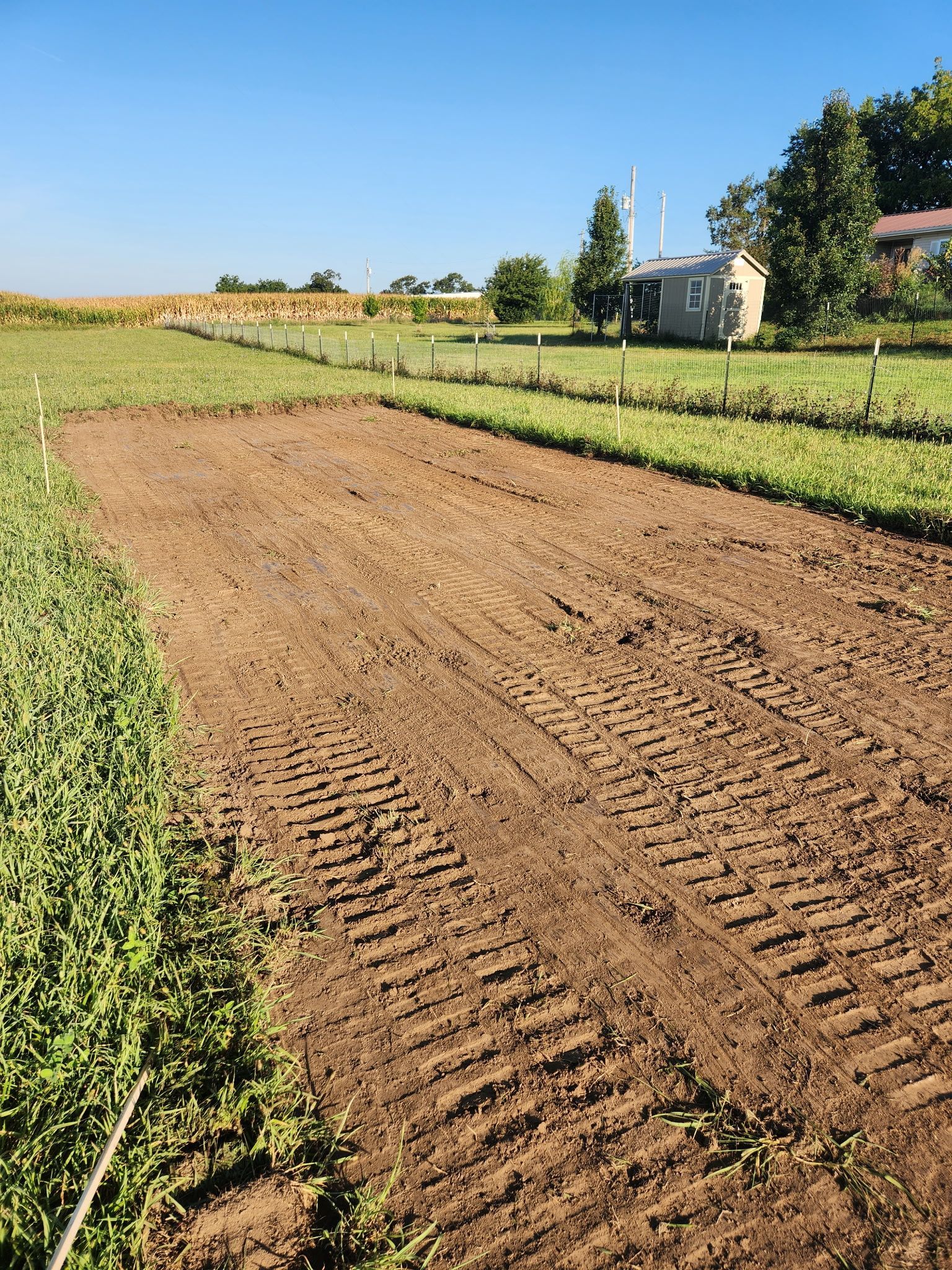 Freshly tilled brown field bordered by green crops under a clear blue sky