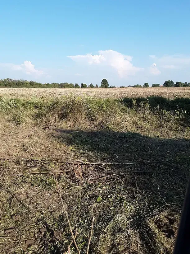 Open field with dry grass and a shallow ditch under a blue sky with clouds