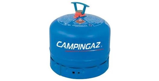 Bombola di gas Campingaz blu con maniglia e valvola sulla parte superiore, isolata su sfondo bianco.