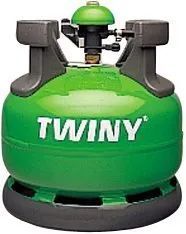 Bombola di gas propano TWINY verde con base e valvola nere.