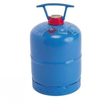 Bombola di gas portatile blu con valvola rossa e anello di sollevamento della maniglia.