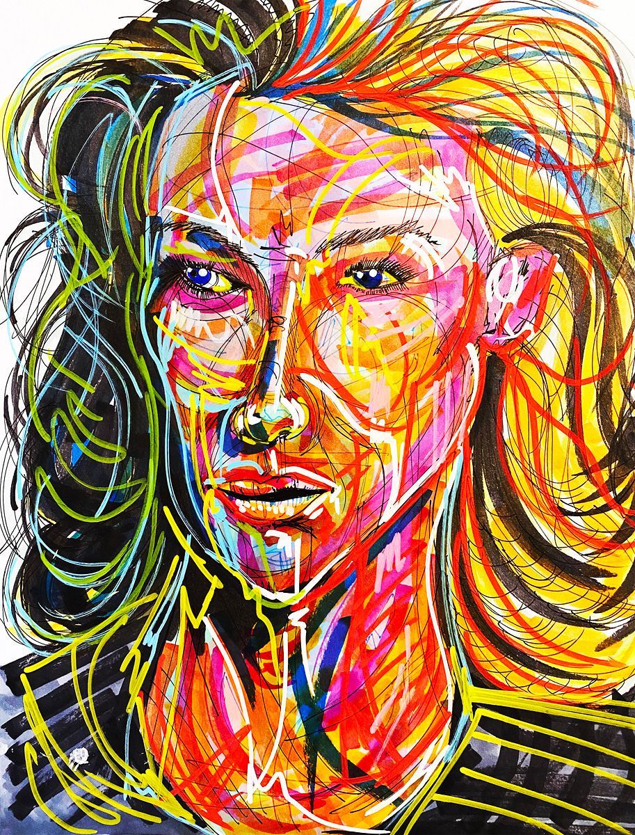 A colorful painting of a woman 's face with long hair.  Art by David R. Judkins