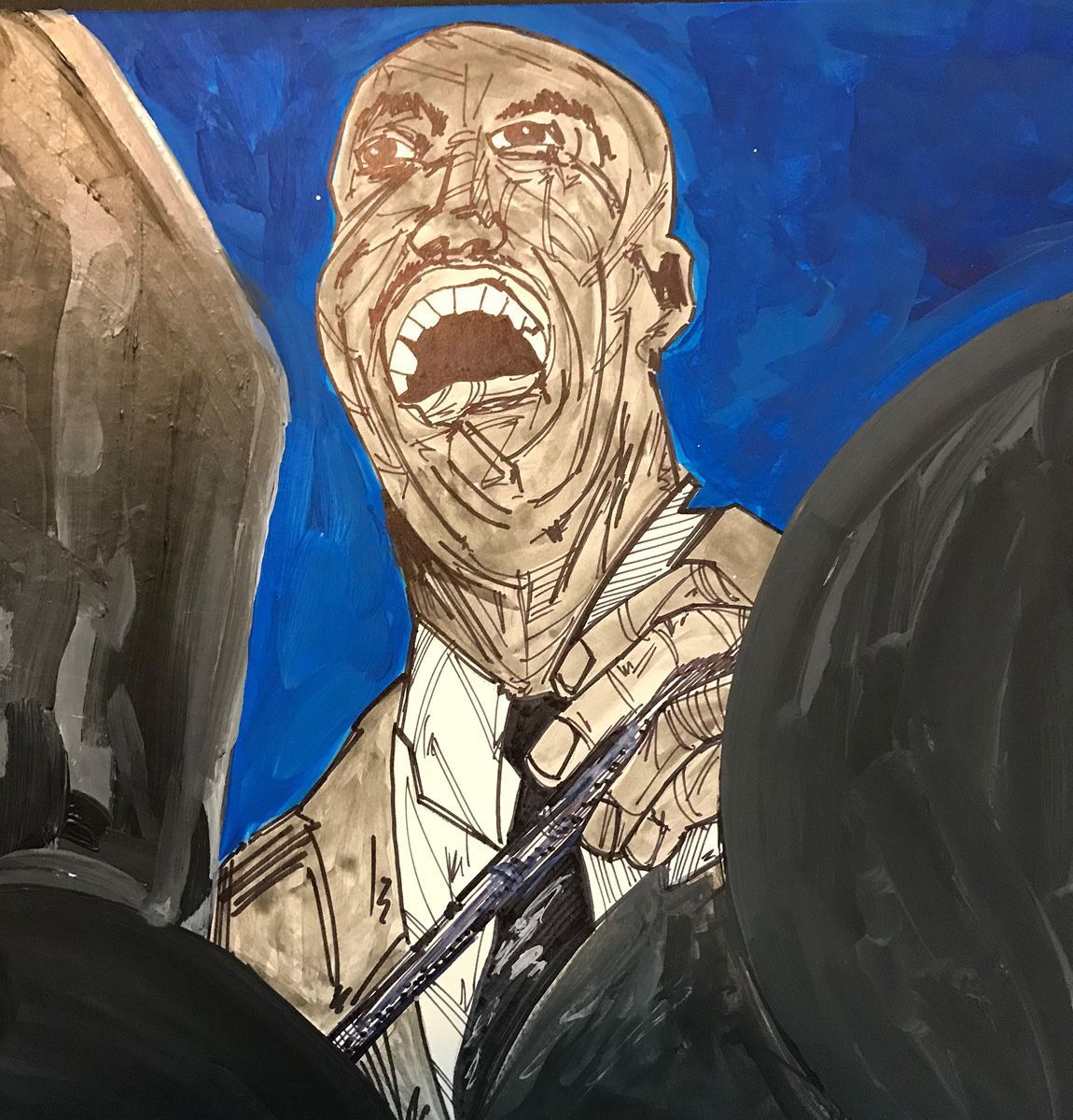 A painting of a man in a suit and tie with his mouth open.  Art by David R. Judkins