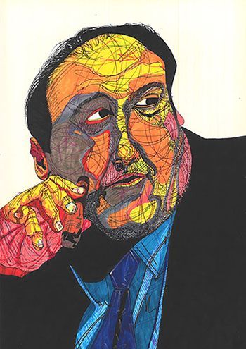 A colorful painting of a man in a suit and tie.  Art by David R. Judkins