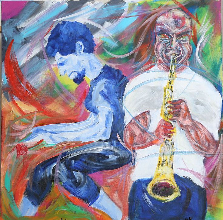 A colorful painting of a man playing a saxophone.  Art by David R. Judkins