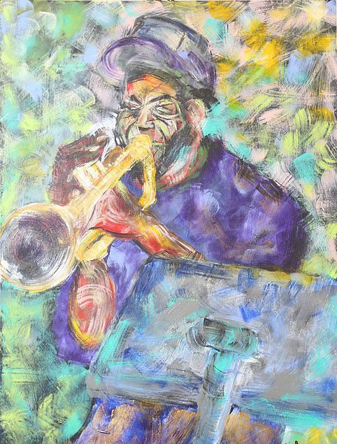 It is a painting of a man playing a trumpet.  Art by David R. Judkins