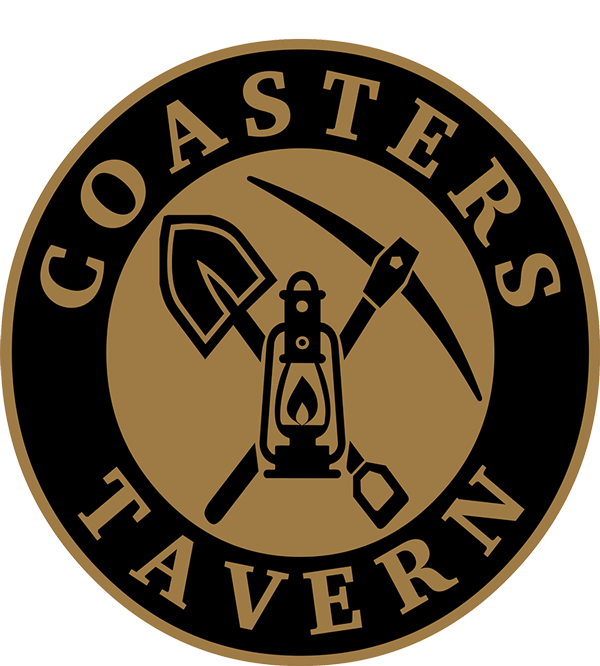 Coasters Tavern logo: black circle with gold text and central elements of mining tools and lantern.