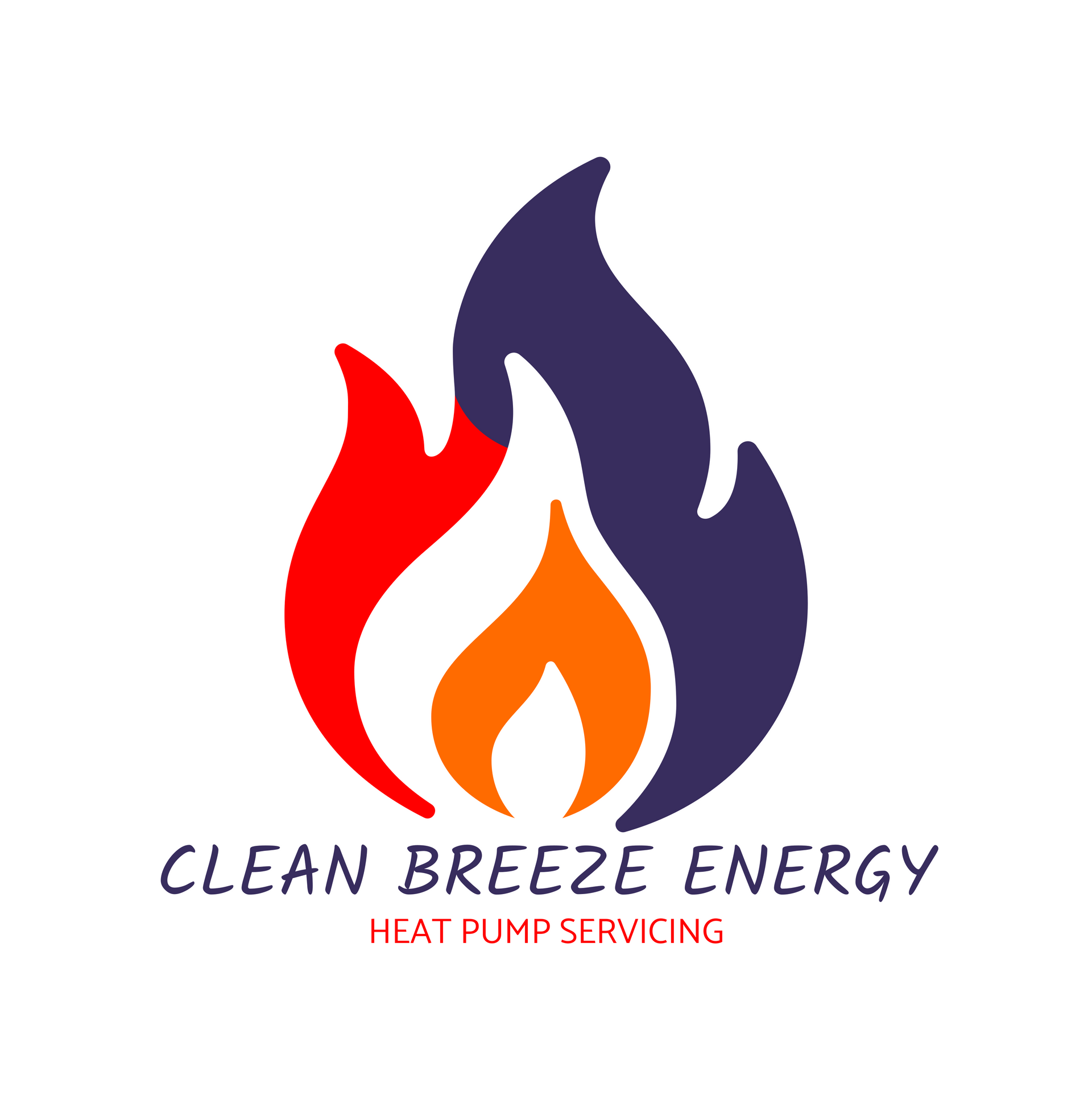 Clean Breeze Energy logo with purple, red, and orange flames and “Heat Pump Servicing” text