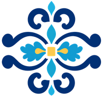 Motivo floreale ornamentale blu e verde acqua con centro giallo su sfondo bianco.