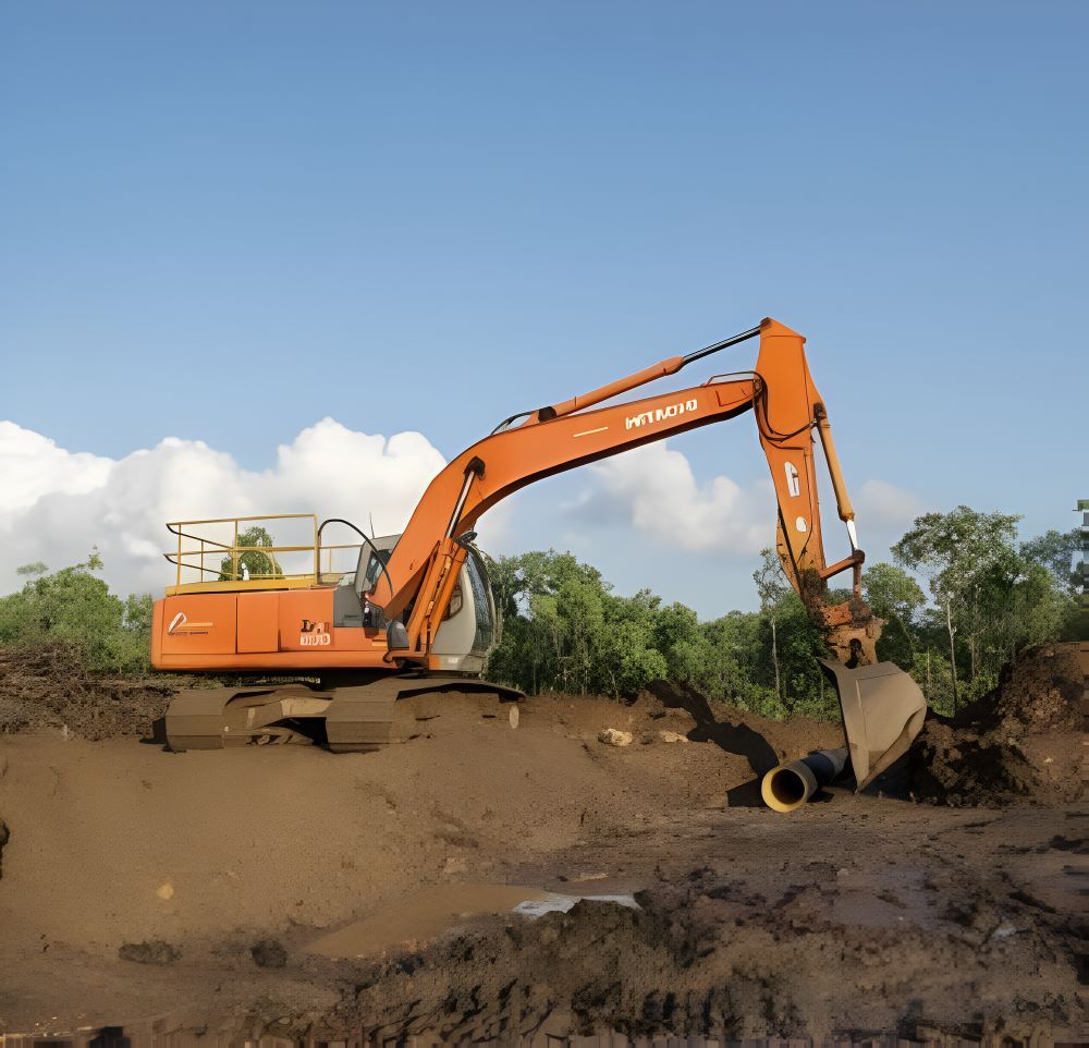 A Hitachi Excavator Is Digging a Hole in The Dirt — Diggamen Civil Contracting in Tivendale, NT