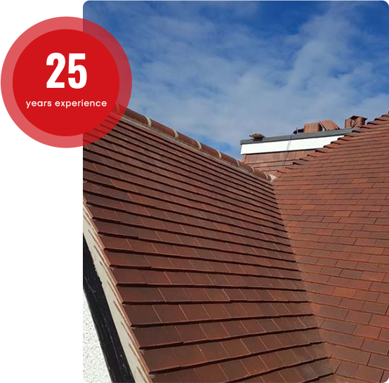 A roof with a red circle that says 25 years experience