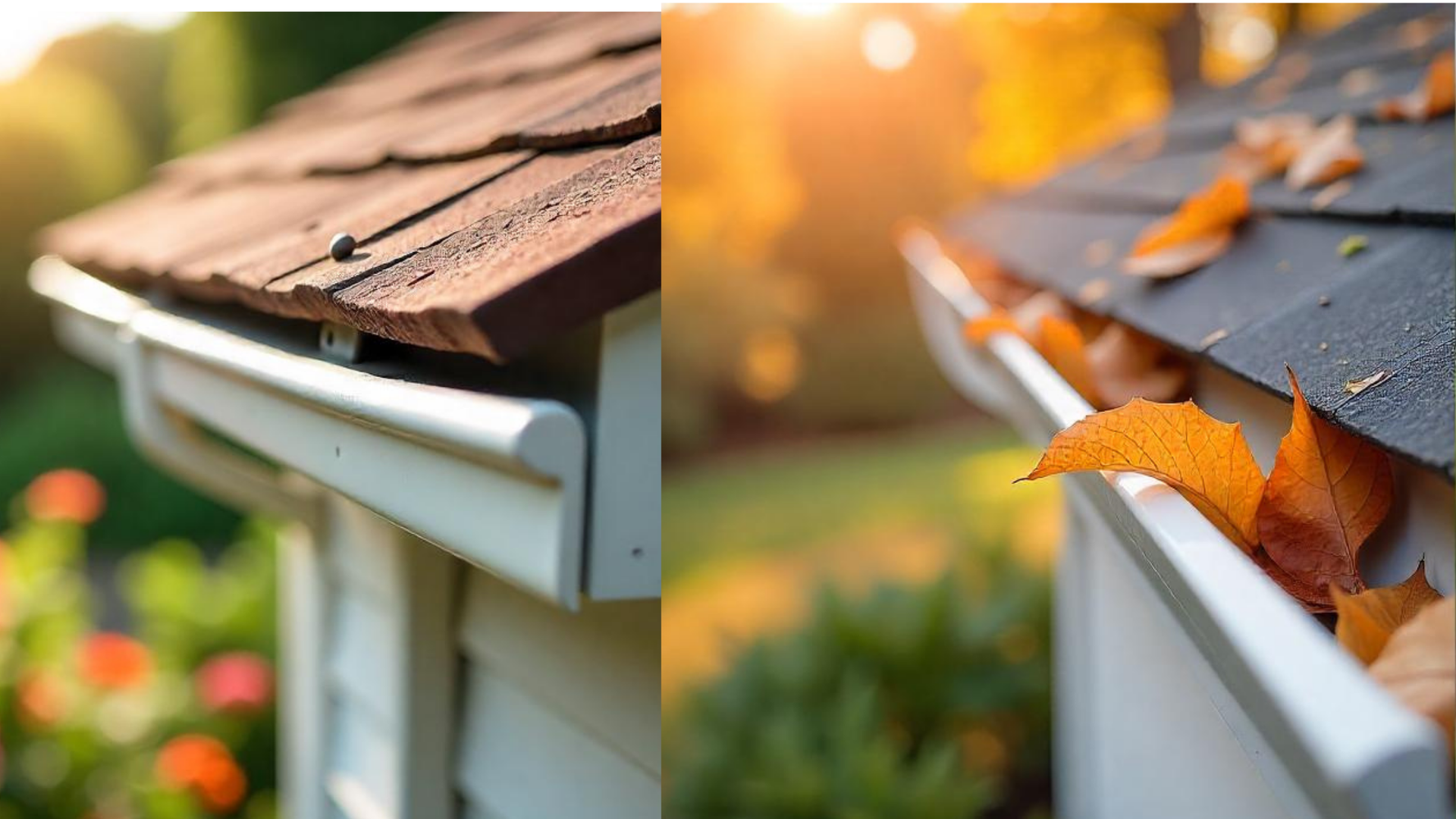 A split image showing a clean vs. clogged gutter