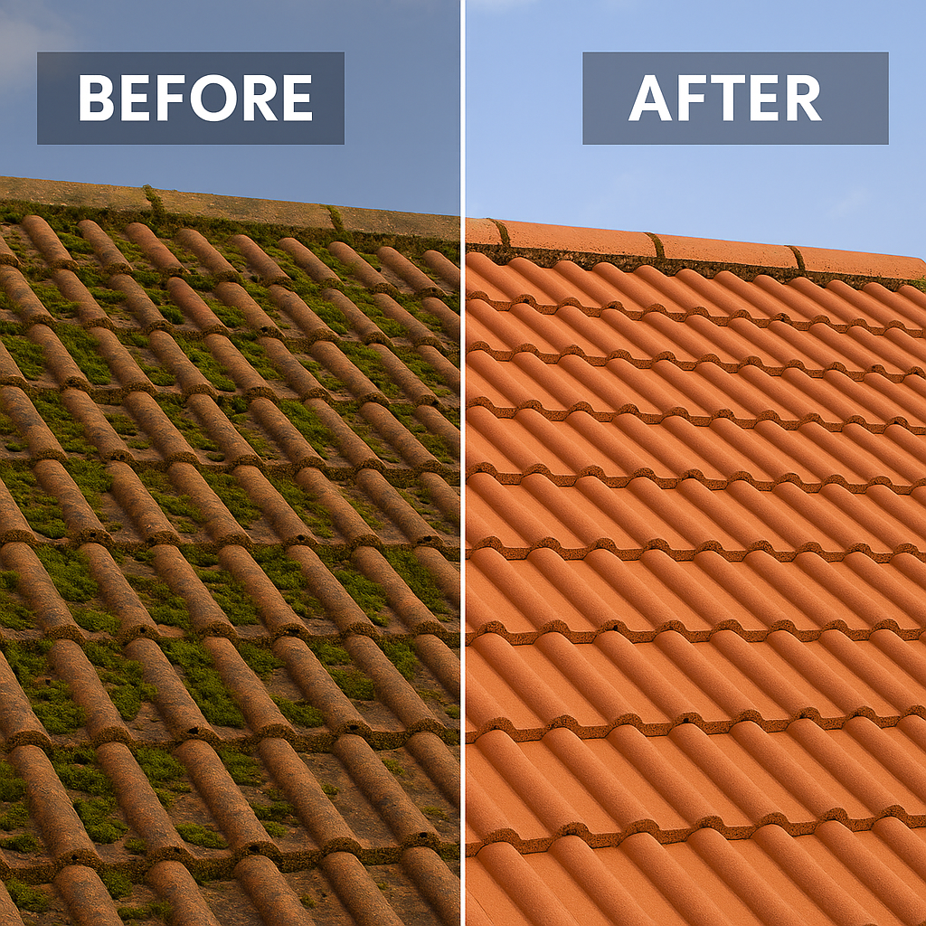 before and after of a roof covered in moss
