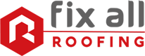 A logo for fix all roofing with a red hexagon on a white background.