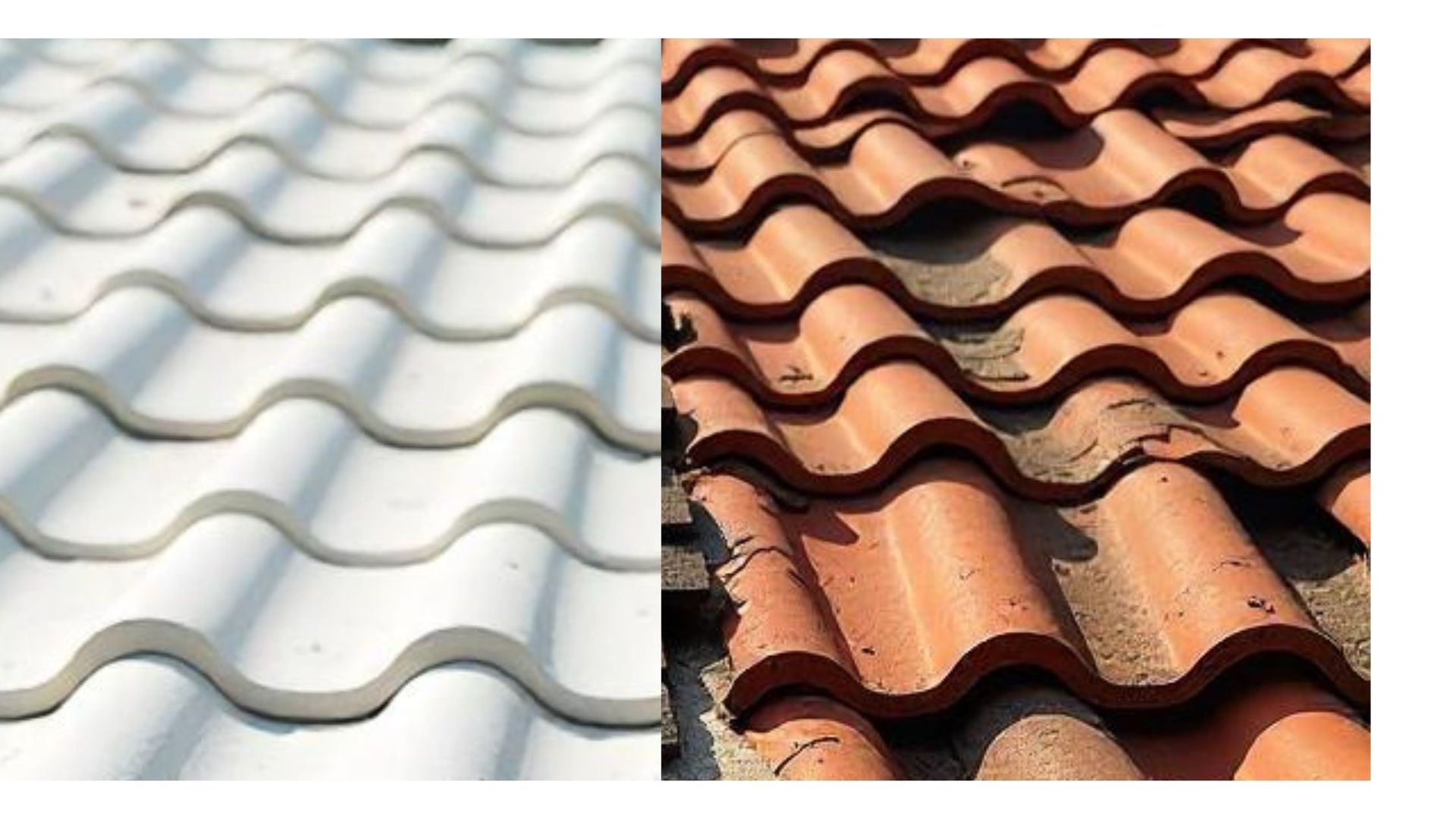 Two close-up views of wavy roof tiles; one white, the other terracotta.