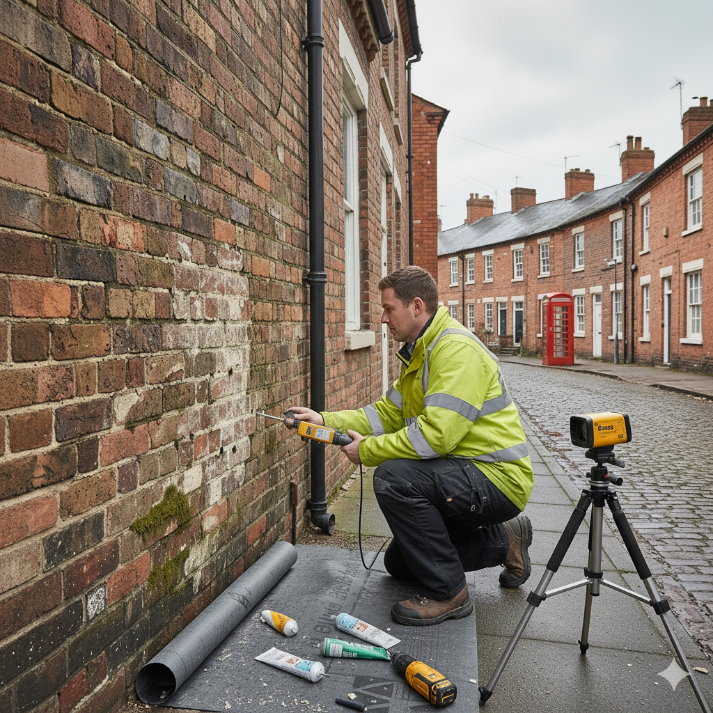 Man in reflective vest uses tool on brick wall, tripod with laser, street with buildings and red phone booth in background.