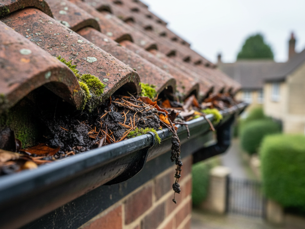 Clogged roof gutter on a traditional UK brick house, overflowing with leaves and moss, indicating blockages.