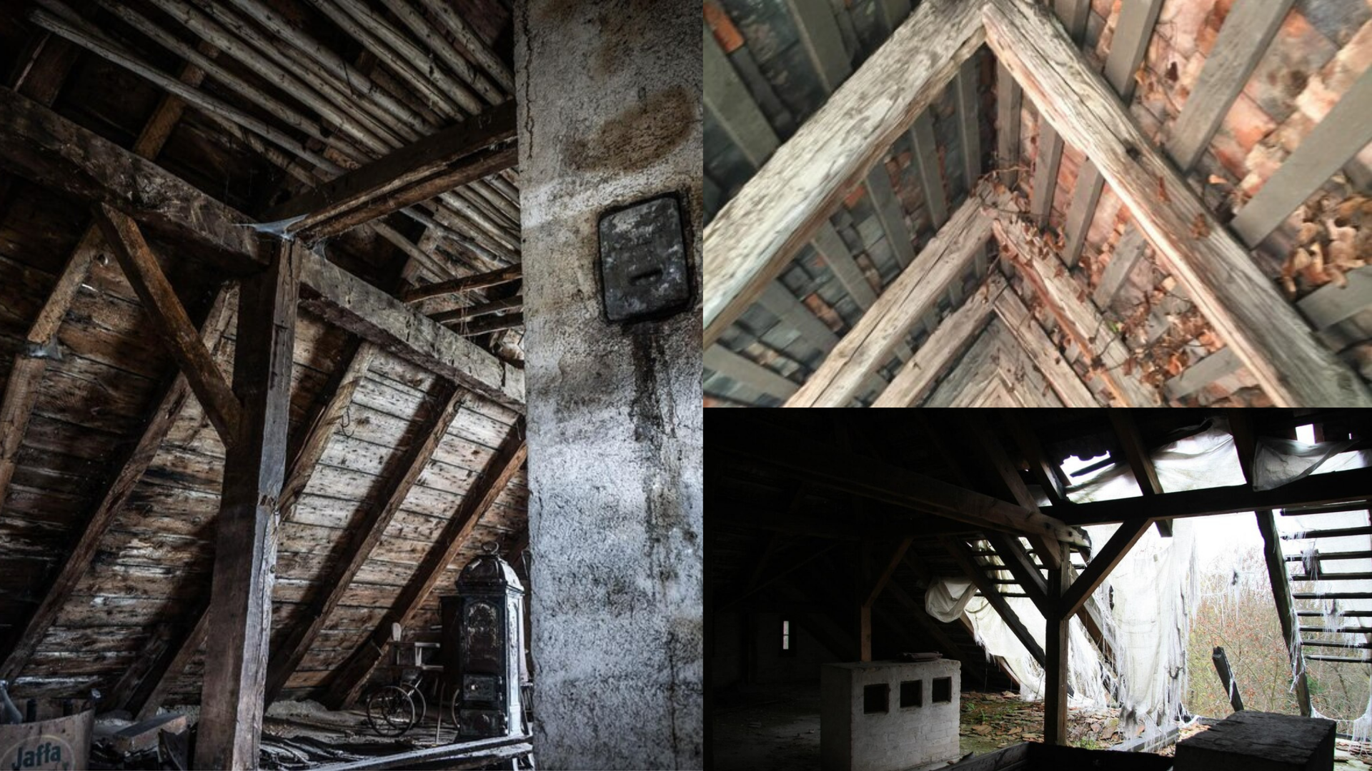 Collage of an old, dusty attic with wooden beams, peeling paint, and a dark interior.