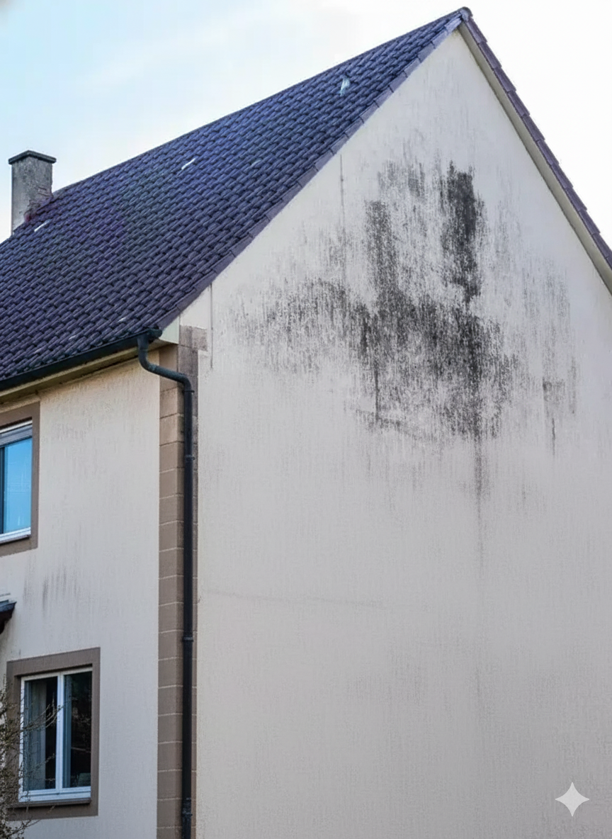 Exterior of a two-story building with dark staining on the light-colored wall.