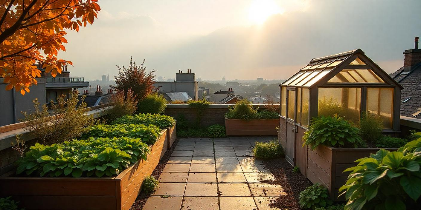 There is a greenhouse on the roof of a building.