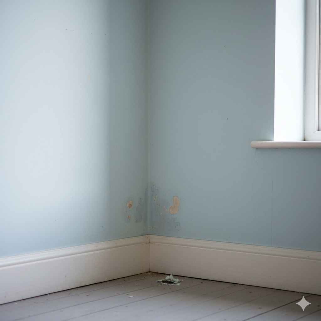 Interior corner of a room with light blue walls, white trim, and a window. Moisture damage is visible on the wall.