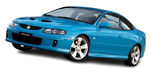 Blue Holden Monaro coupe parked diagonally, against a white background.