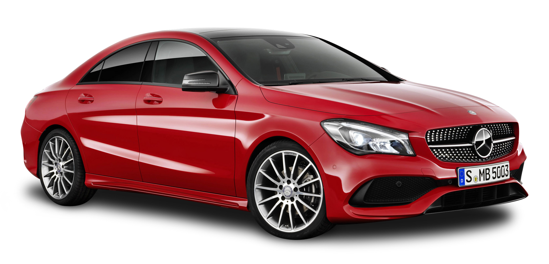 Red Mercedes-Benz CLA coupe with black accents, parked on a white background.